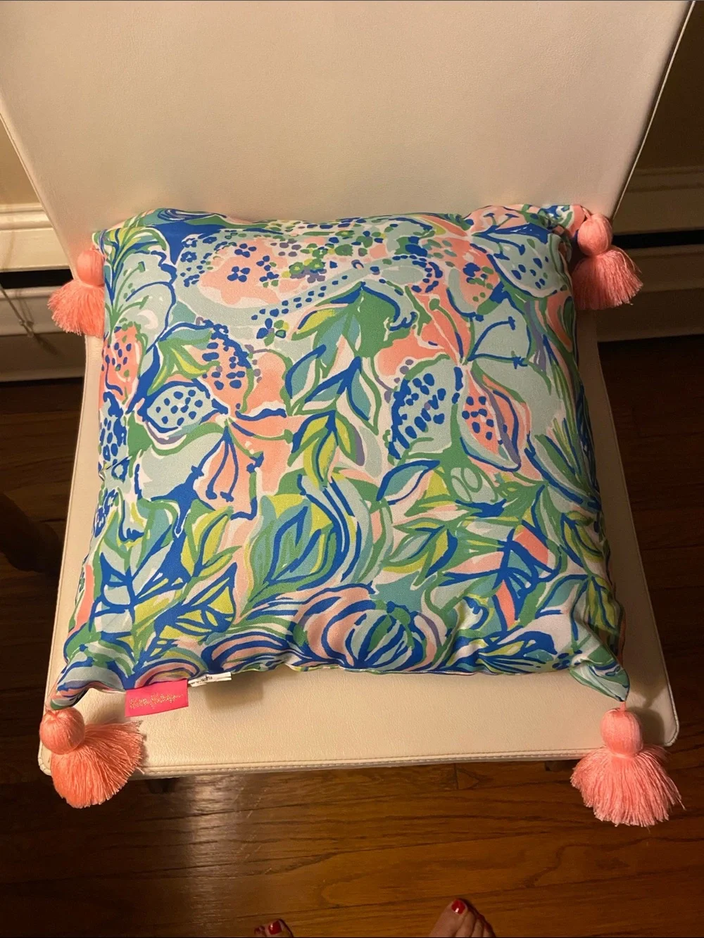 Lilly Pulitzer Blue, Green, Yellow and Pink Tropical Pillow with Tassel